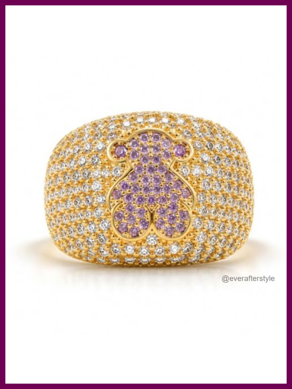 14K Gold Plated Pave CZ Bear Dome Statement Ring Size 7